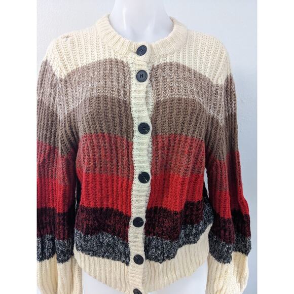 Munthe Size 40 Medium Nippa Striped Cardigan Red Tan Waffle Knit Wool Alpaca - Picture 5 of 12